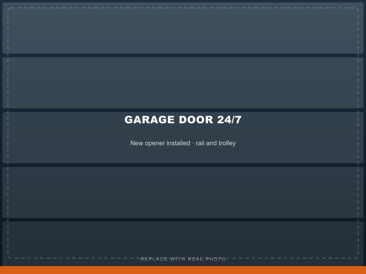Newly installed garage door opener with rail and trolley