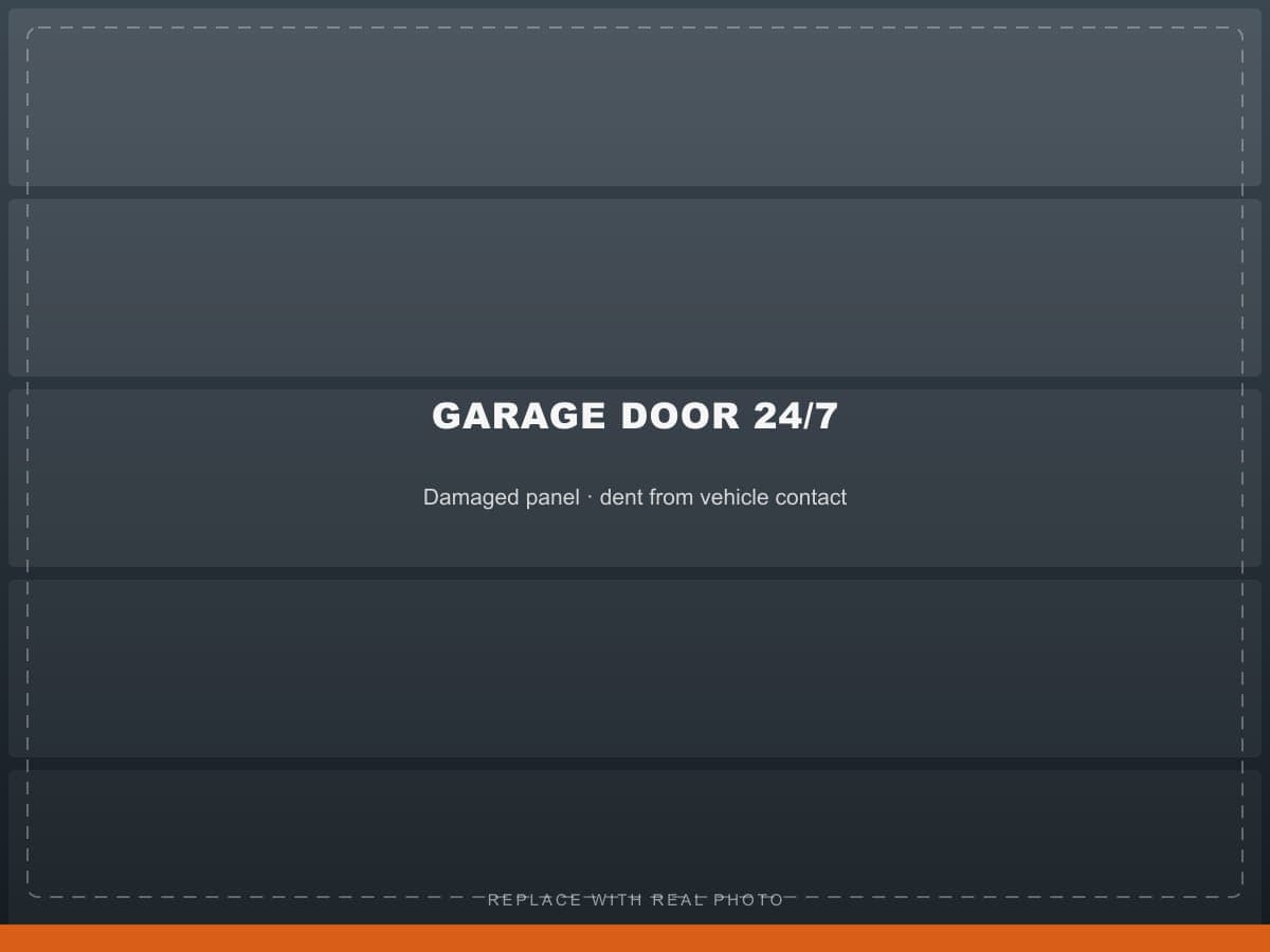 Damaged garage door panel with a large dent
