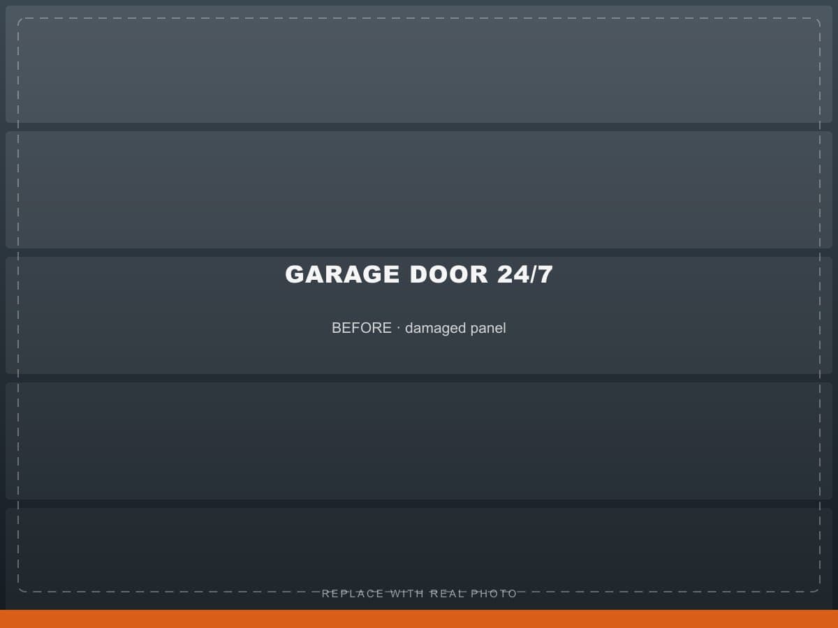 Dented garage door bottom panel before repair